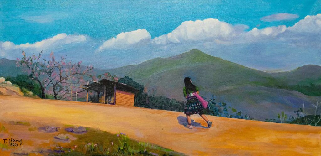 Dạo bưới cùng mây Size: 70x140 Year: 2023 Material: Oil on Canvas Artist: Trà Giang