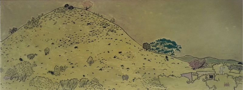 Núi sau nhà chú Quí Size: 30 x80 cm Material: Lacquer painting Artist: Nguyễn Ngọc Liêm Year: 2024