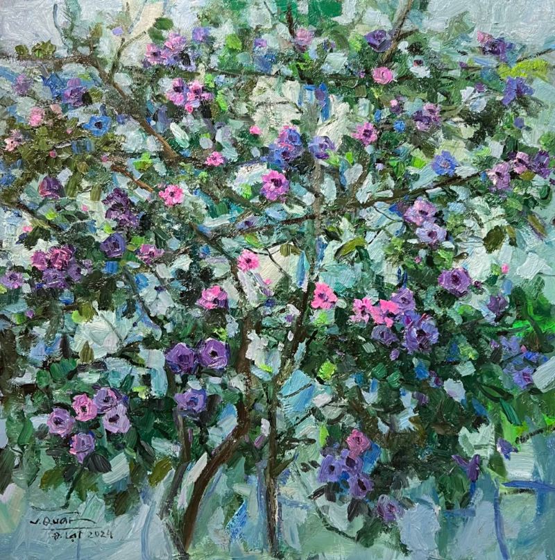 Giàn hoa tím Size: 100 x 100cm Material: Oil Painting Artist: Tạ Văn Quân Year: 2025