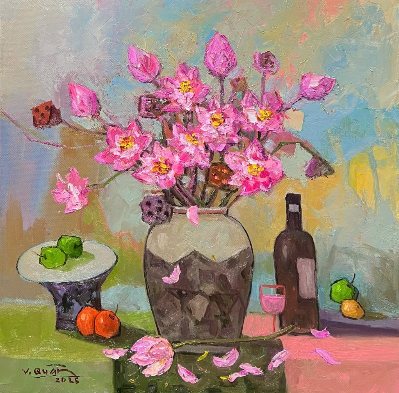 Sen hồng Size: 80 x 80cm Material: Oil Painting Artist: Tạ Văn Quân Year: 2025