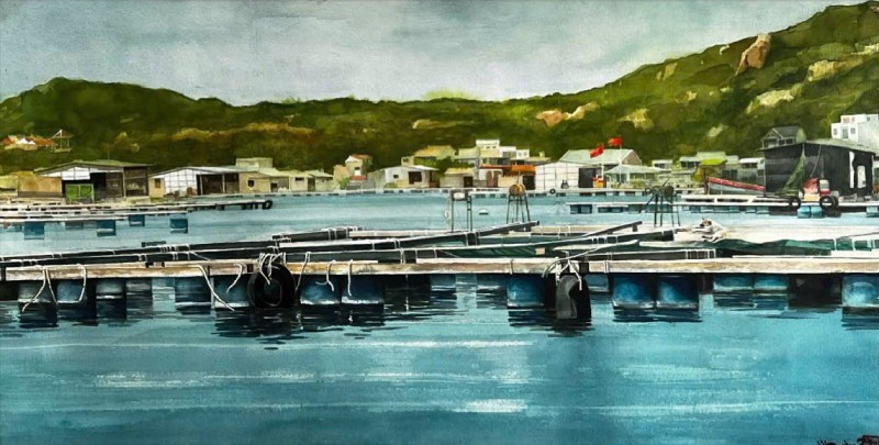 Bè Cá Trong Vịnh Vĩnh Hy Size: 58cmx 112cm Material: Water Color Artist: Nguyễn Hồng Quân Year: 2023