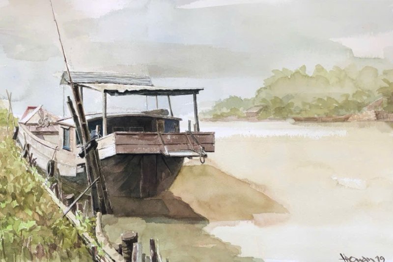 Bến Nhà Size: 36cm x 56cm Material: Water Color Artist: Nguyễn Hồng Quân Year: 2019
