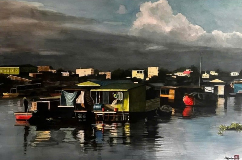 Bình Minh Trên Làng Bè Sông Hậu Size: 84cm x 112cm Material: Water Color Artist: Nguyễn Hồng Quân Year: 2024