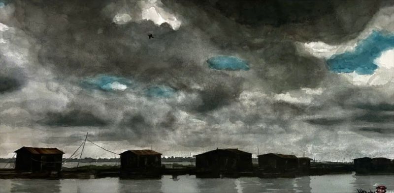 Chiều Muộn Trên Dòng Cửu Long Size: 57cm x 112cm Material: Water Color Artist: Nguyễn Hồng Quân Year: 2023