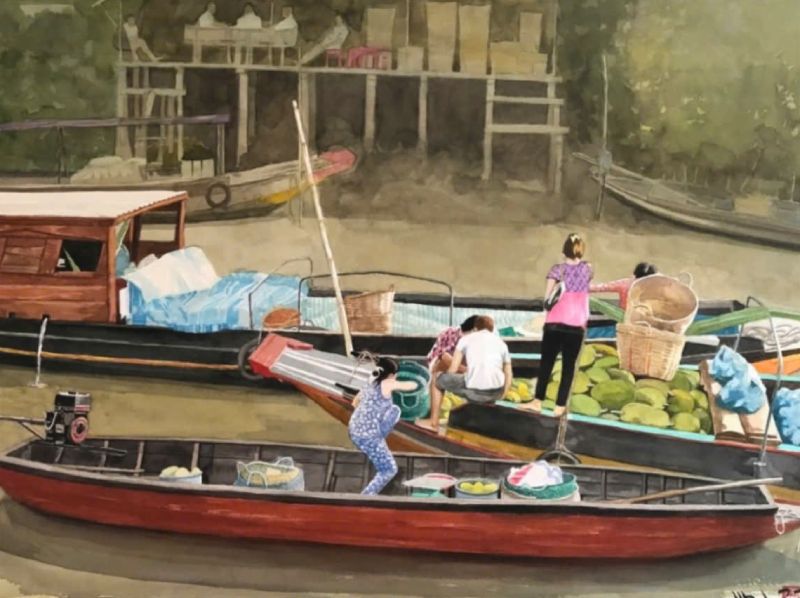 Chợ Trái Cây trên Sông Size: 56cmx 76cm Material: Water Color Artist: Nguyễn Hồng Quân Year: 2022