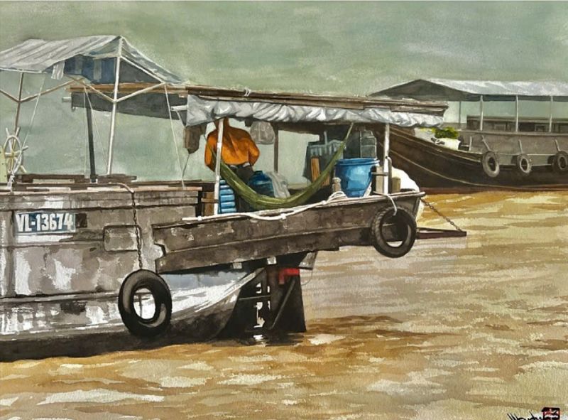 Cuộc Sống Miền Sông Nước Size: 56cmx 76cm Material: Water Color Artist: Nguyễn Hồng Quân Year: 2023