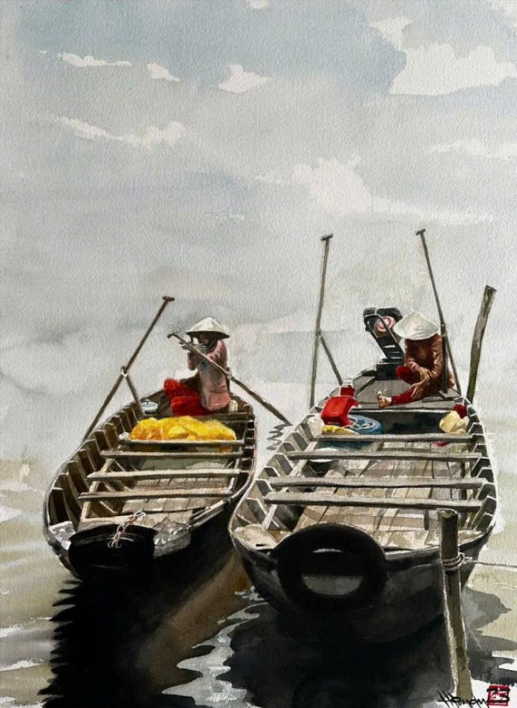 Đò Ngang Sông Tiền Size: 56cmx 76cm Material: Water Color Artist: Nguyễn Hồng Quân Year: 2023