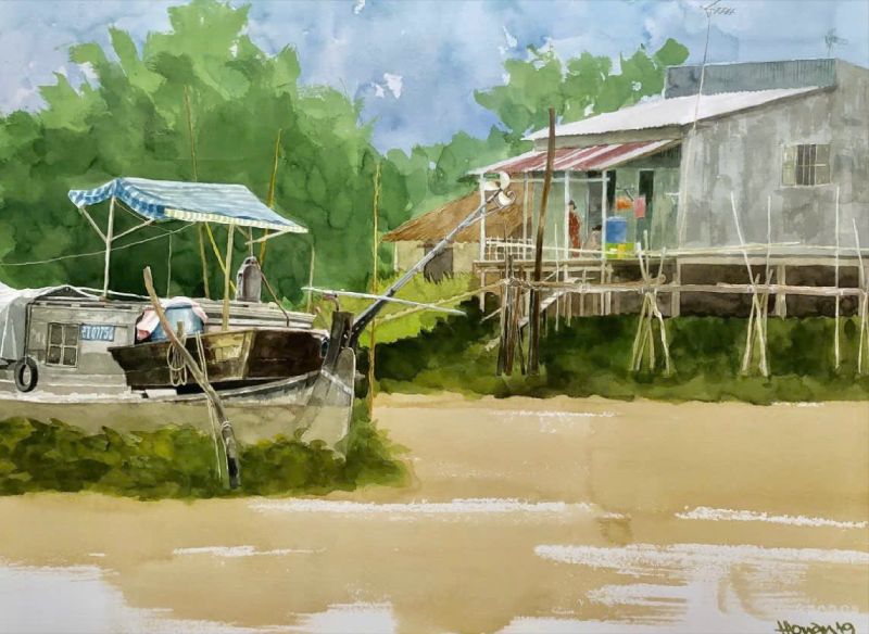 Ghe Và Nhà Trên Kênh 8 Ngàn Size: 56cmx 76cm Material: Water Color Artist: Nguyễn Hồng Quân Year: 2019