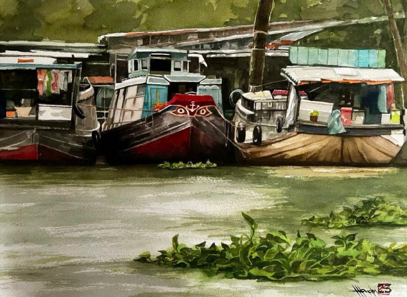 Một khúc Sông Quê Size: 56cmx 76cm Material: Water Color Artist: Nguyễn Hồng Quân Year: 2023
