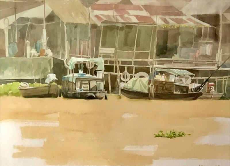 Nhịp Sống Trên Sông Size: 56cmx 76cm Material: Water Color Artist: Nguyễn Hồng Quân Year: 2019