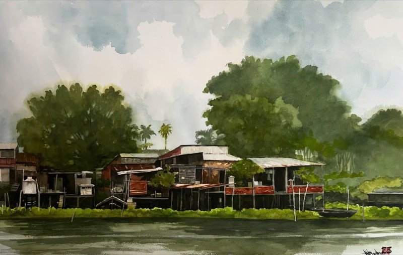 Ven Sông Hậu Size: 56cmx 76cm Material: Water Color Artist: Nguyễn Hồng Quân Year: 2023
