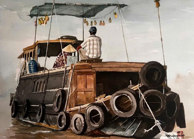 Xuôi Dòng Size: 56cmx 76cm Material: Water Color Artist: Nguyễn Hồng Quân Year: 2024