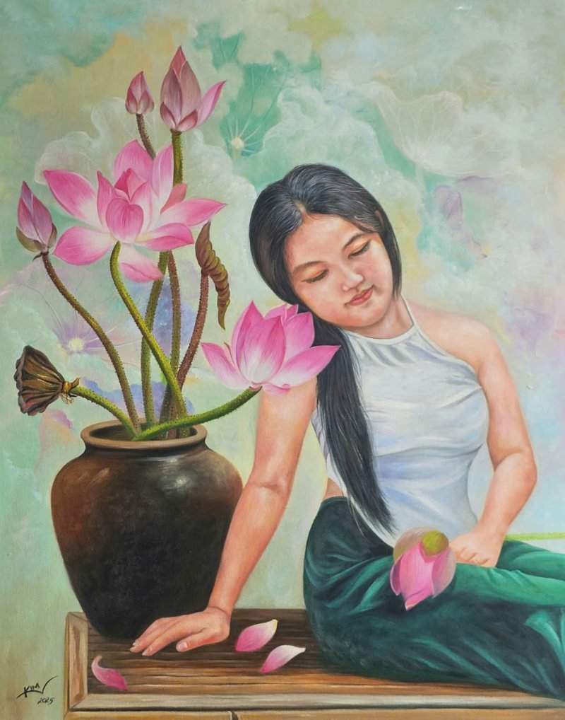 Giấc mơ bên sen Size: 80 x 100 cm Material: Acrylic Artist: Trương Kim Year: 2025